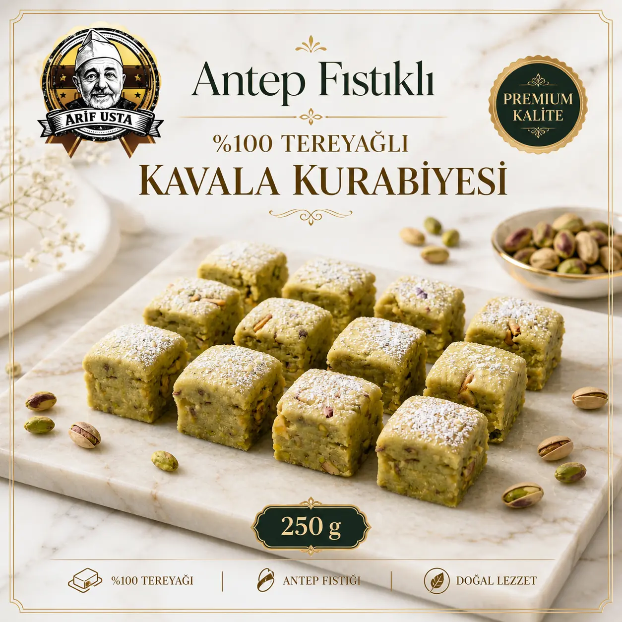 Tereyağlı Antep Fıstıklı Kavala Kurabiyesi 250g